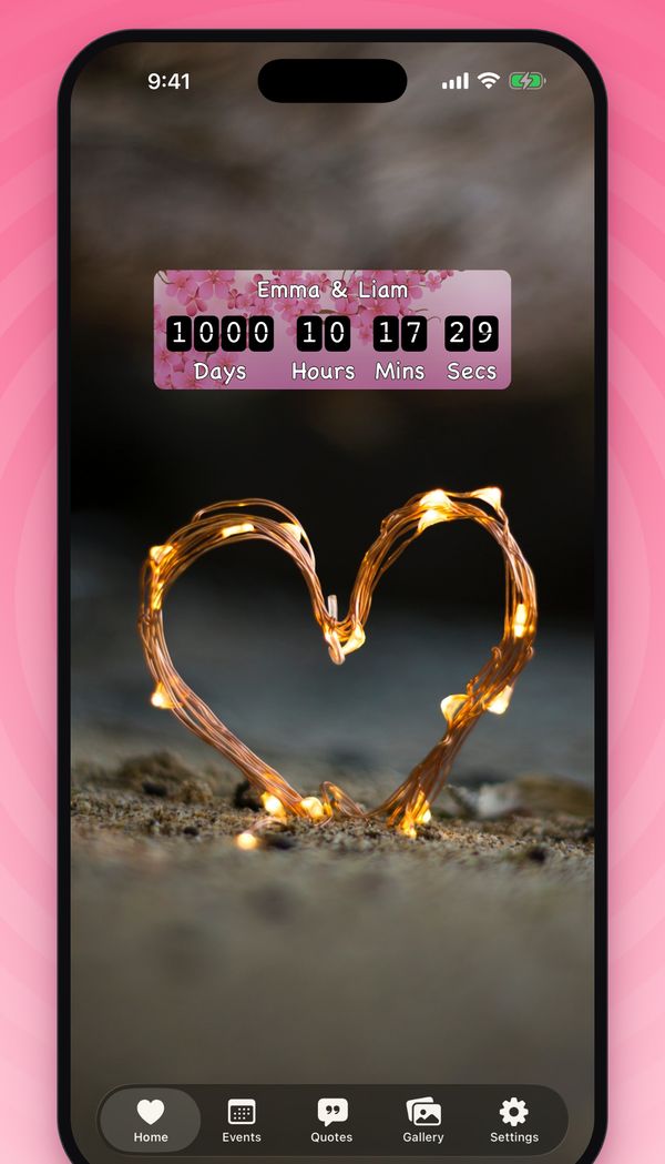 My Love home screen showing a day counter for Emma and Liam: 1000 days together