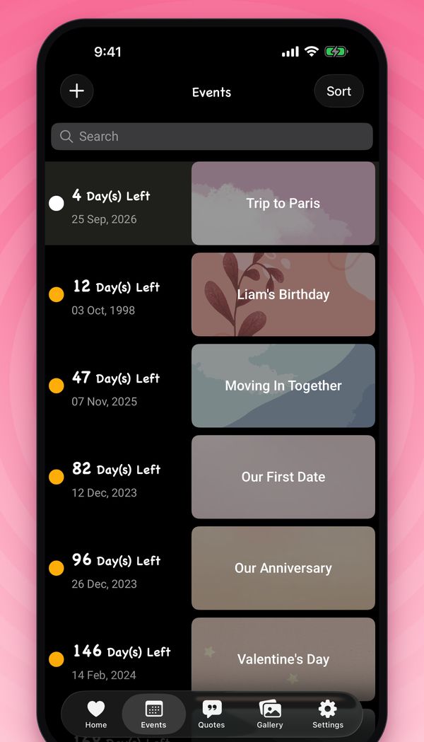 Event list with countdowns to anniversaries and birthdays